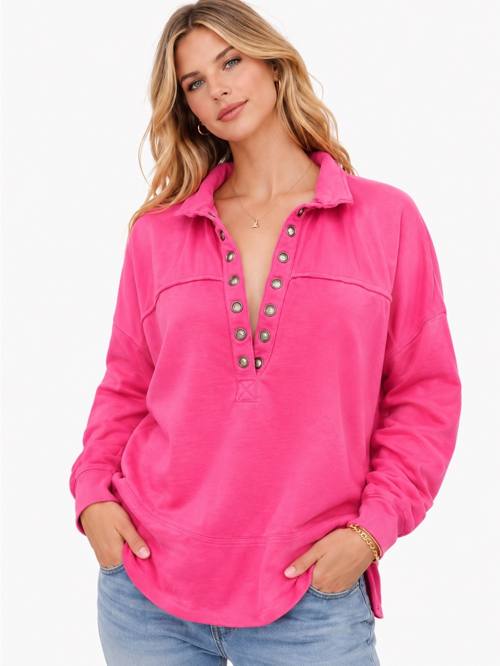 Pilcro Bright Pink Snap-Detail Pullover medium